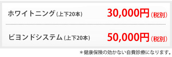 施術料金,ホワイトニングなら3万円,ビヨンドシステムなら5万円 